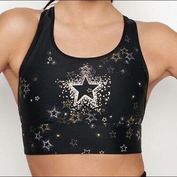 Victoria’s Secret Sports Bra silver star black non padded NWOT S - Picture 1 of 9